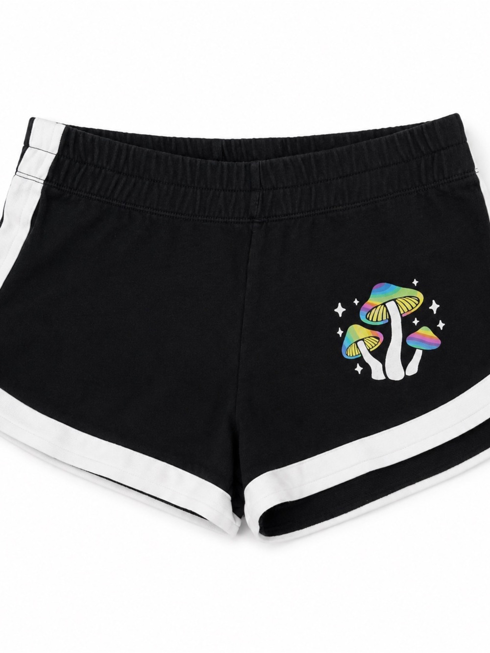 Spencer's Black Athletic Shorts with Rainbow Mushroom Design
